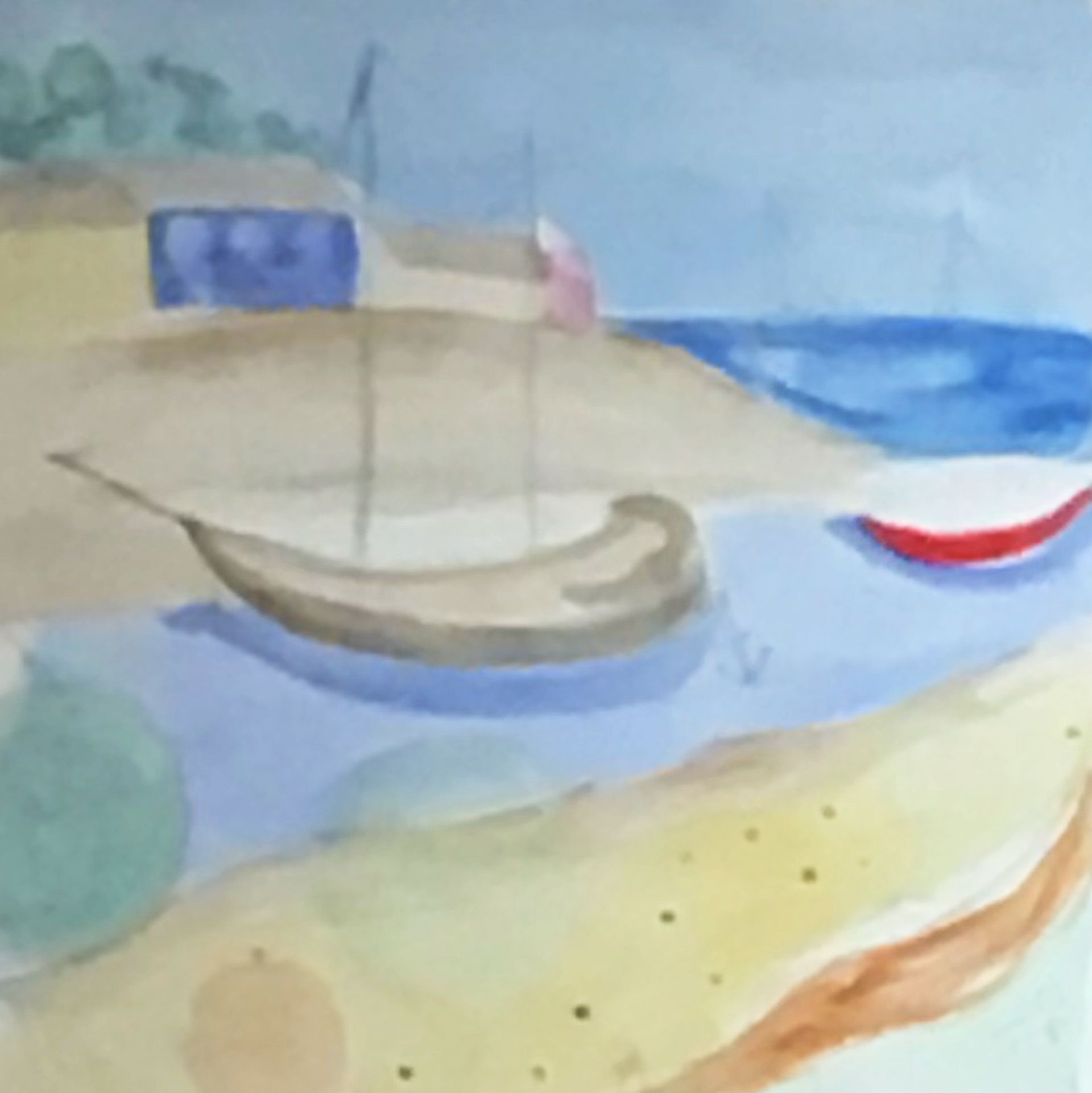 Watercolor seaside scene with a small boat, sandy shore, blue sea, and a red canoe near the coast