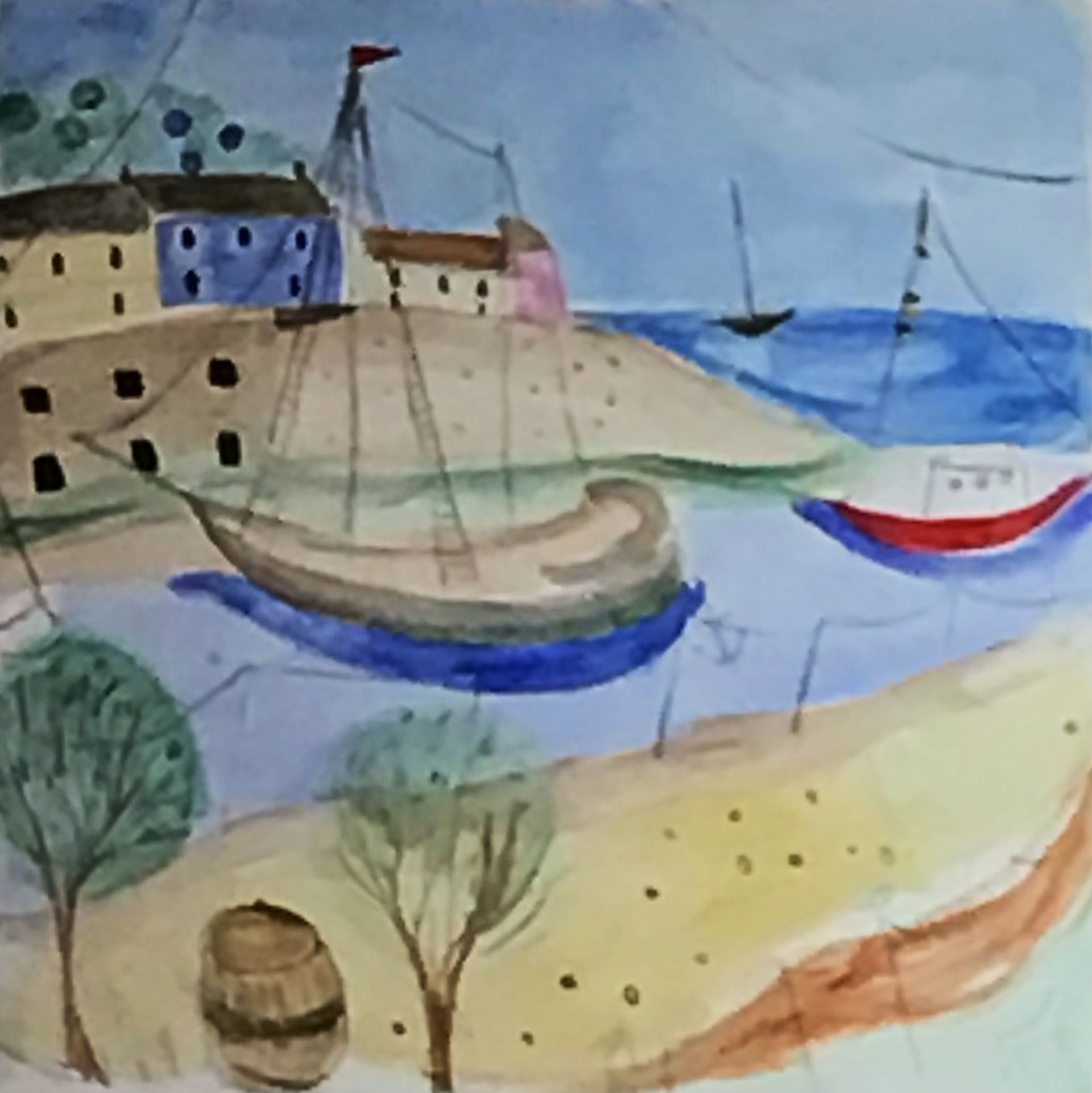 Watercolor harbor with sailboats, coastal buildings, trees, and a sandy shore.