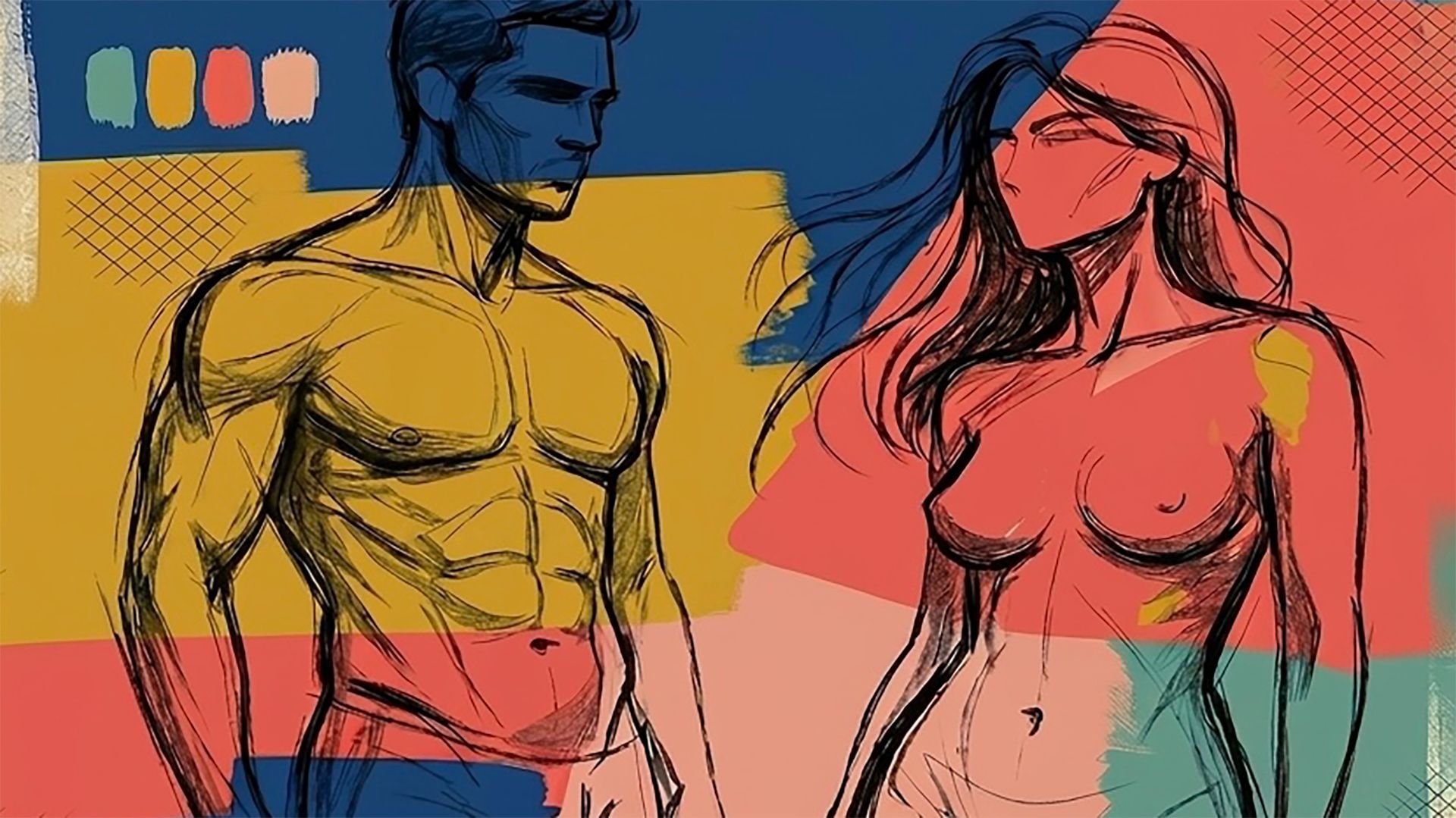 Stylized sketch of two human figures, one in yellow and one in red, against a warm abstract background.