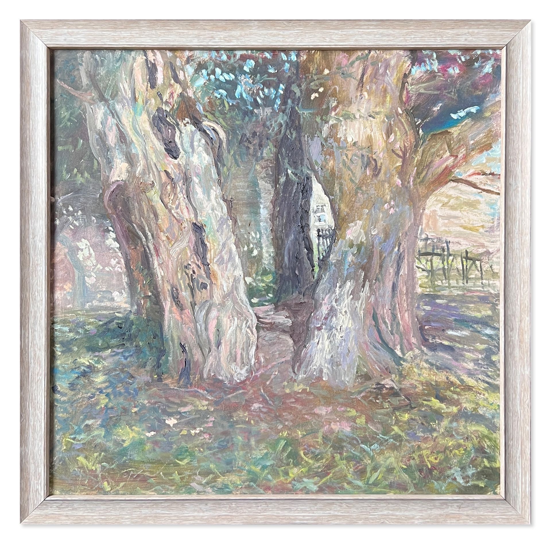 Pastel painting of large tree trunks in a sunlit woodland scene with green grass.