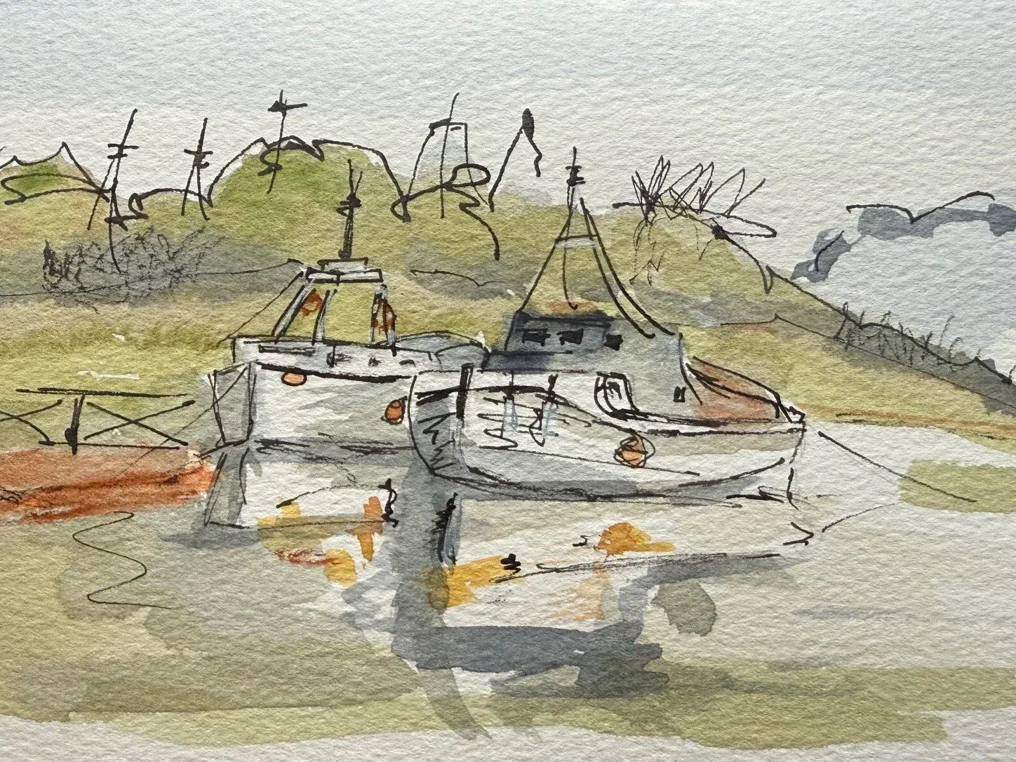 Watercolor of two white fishing boats moored in a calm harbor with green hills and birds in the background