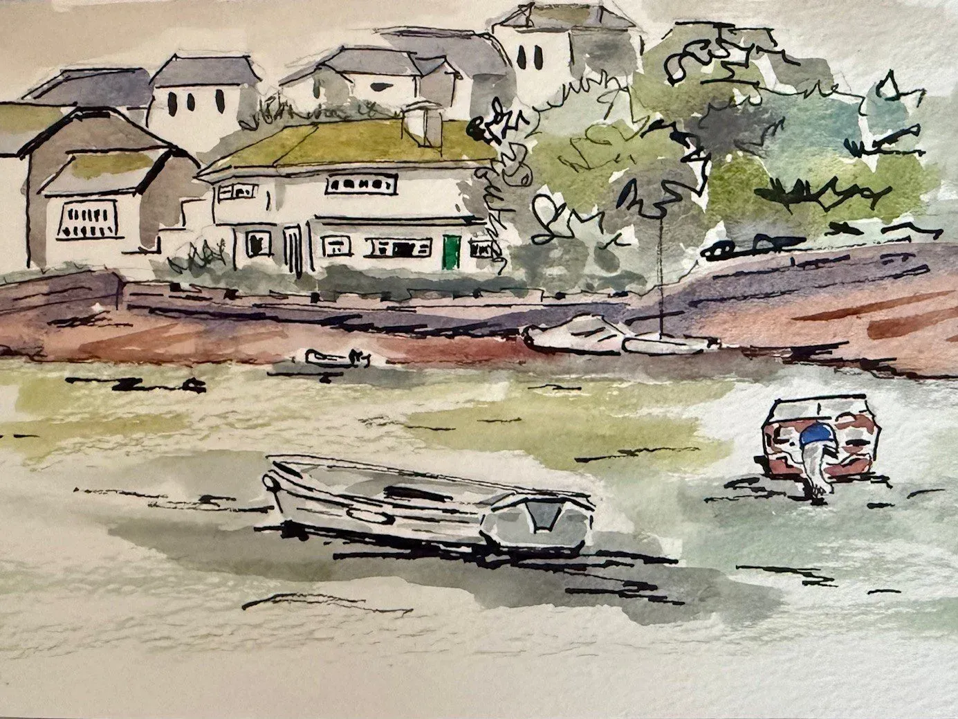 Watercolor harbor scene with small boats on calm water and houses on a hillside behind them