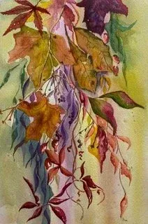 Watercolor painting of hanging autumn leaves in red, gold, purple, and green.