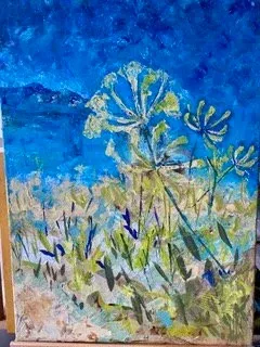 Abstract painting of blue sky and yellow-green wildflowers in a grassy field
