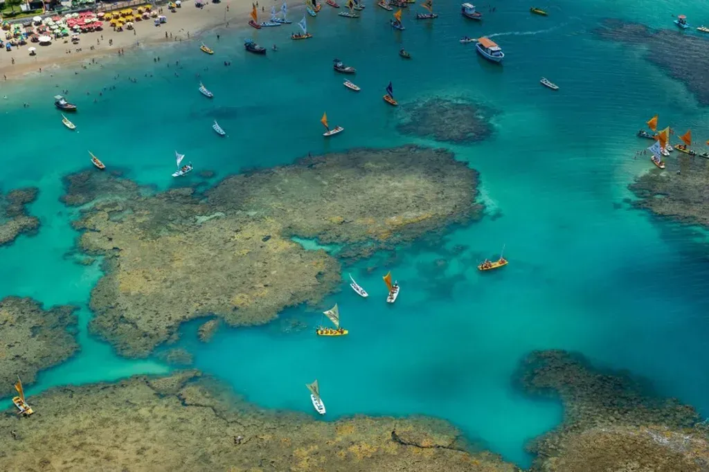Uma vista aérea de um recife de coral com barcos na água.