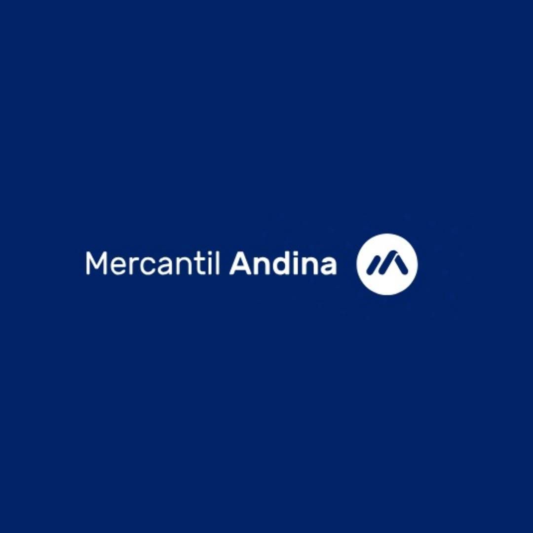 Logotipo de Mercantil Andina: texto y emblema de color blanco sobre fondo azul oscuro.