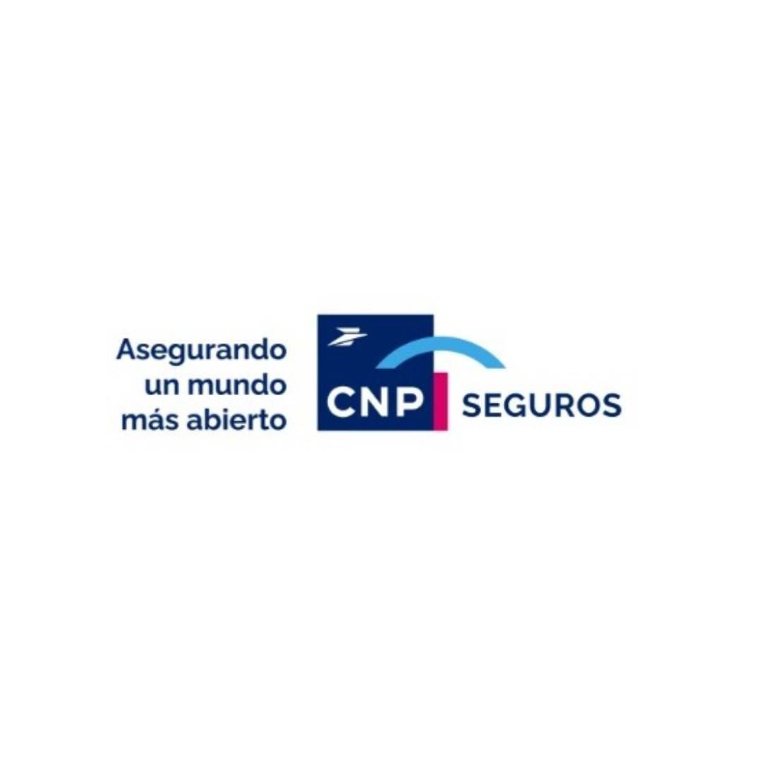 Logotipo de CNP Seguros con un pájaro, una línea curva y texto sobre fondo blanco.