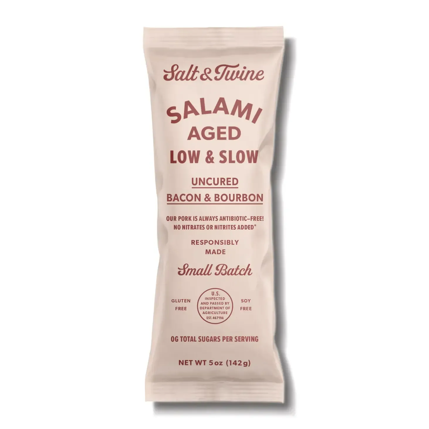 Salami stick in a white package with