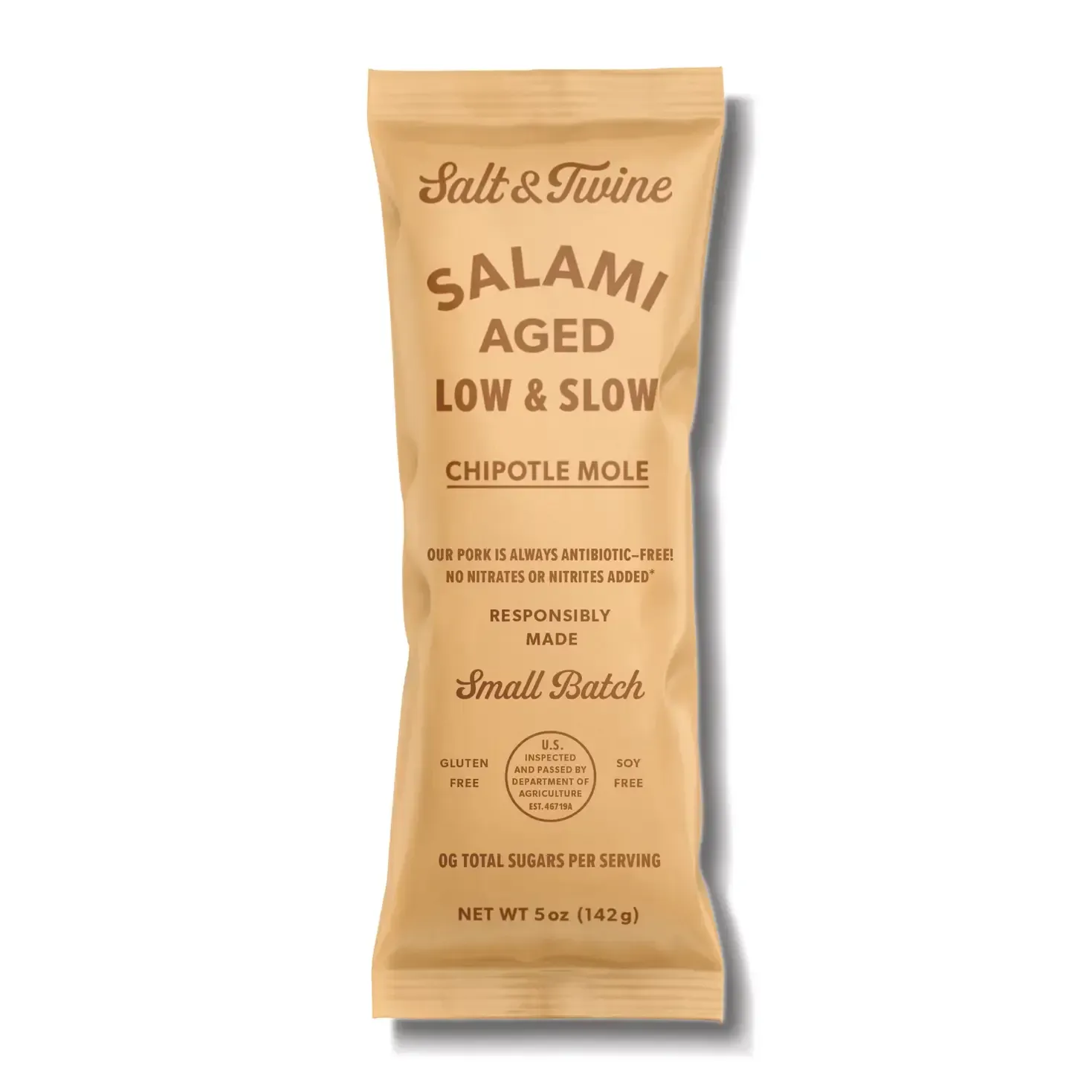 Salt & Twine salami snack, aged low & slow chipotle mole flavor, in a brown package.