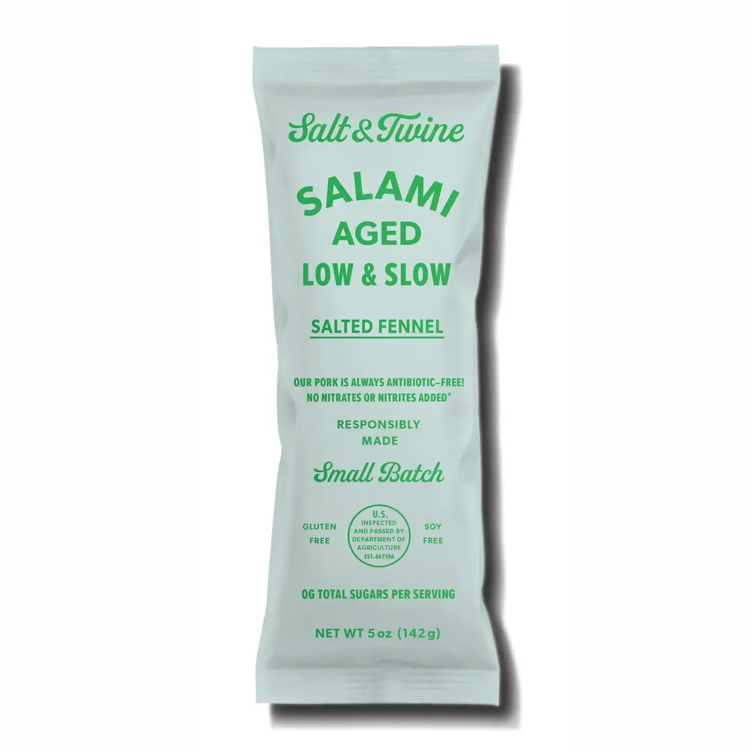 Salami snack package with green text on white.
