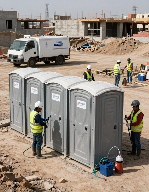 Obreros instalando baños portátiles en una obra de construcción, con un camión blanco y materiales de construcción cerca.