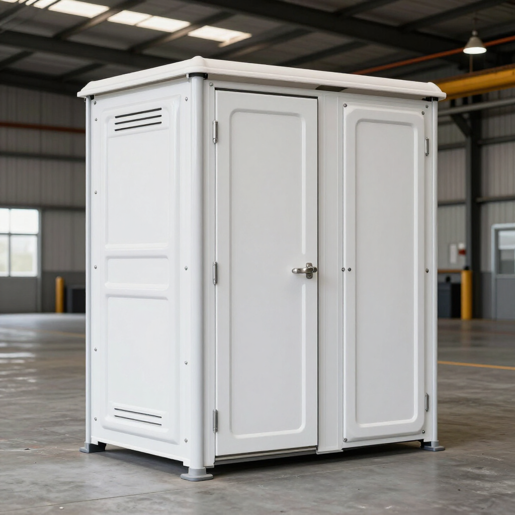 Unidad de baño portátil modular blanca con dos puertas en un entorno de almacén.