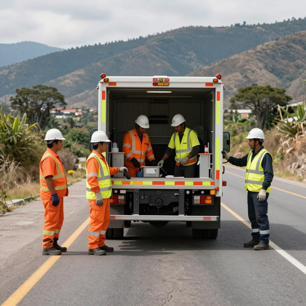 Un equipo de operarios de mantenimiento de carreteras, vestidos con trajes de seguridad naranjas, se encuentra.