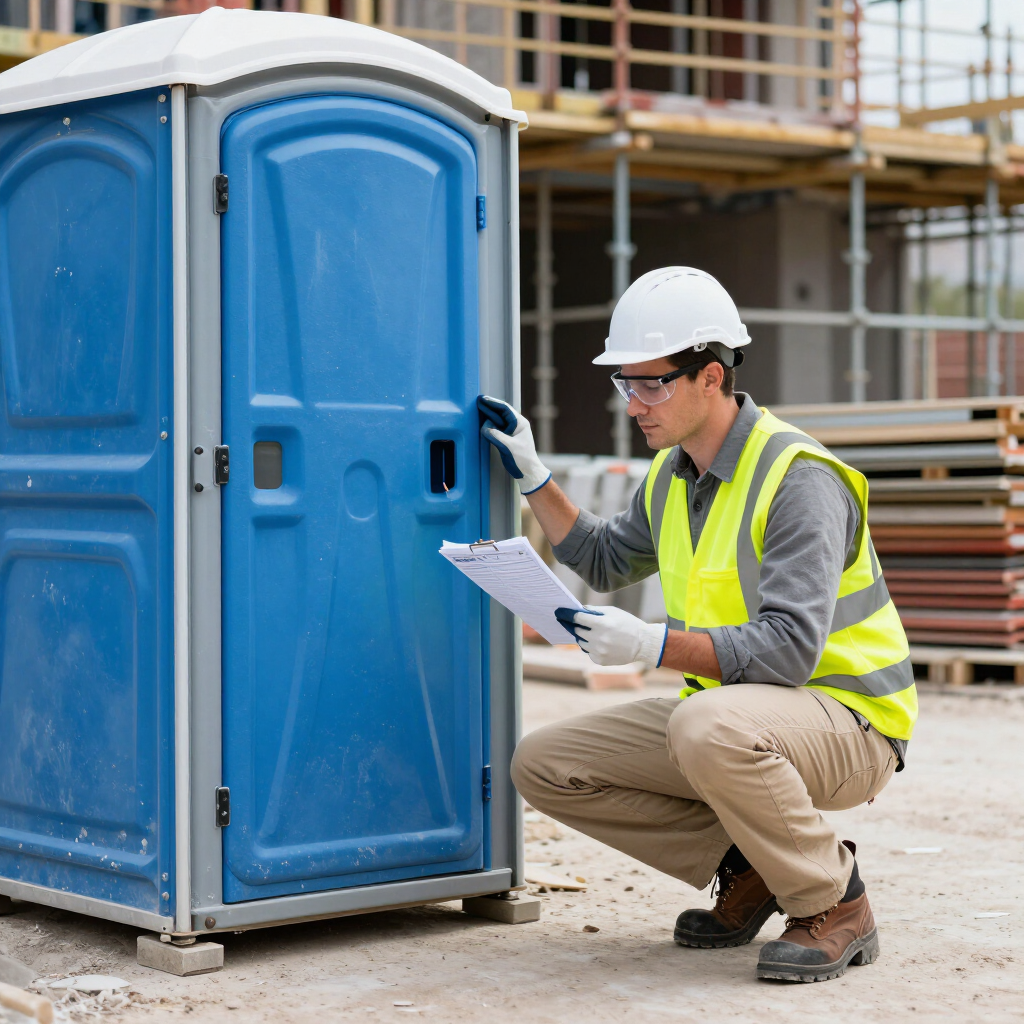 Un obrero de la construcción, con casco y chaleco de seguridad, inspecciona un baño portátil azul en una obra.