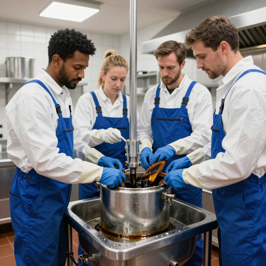 En una cocina industrial, unos trabajadores con delantales azules remueven una gran olla de metal.