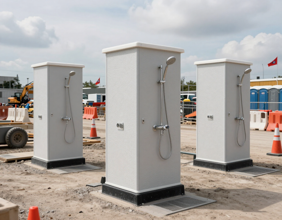 Tres cajas de servicios grises con mangueras en una obra en construcción, rodeadas de conos y maquinaria.