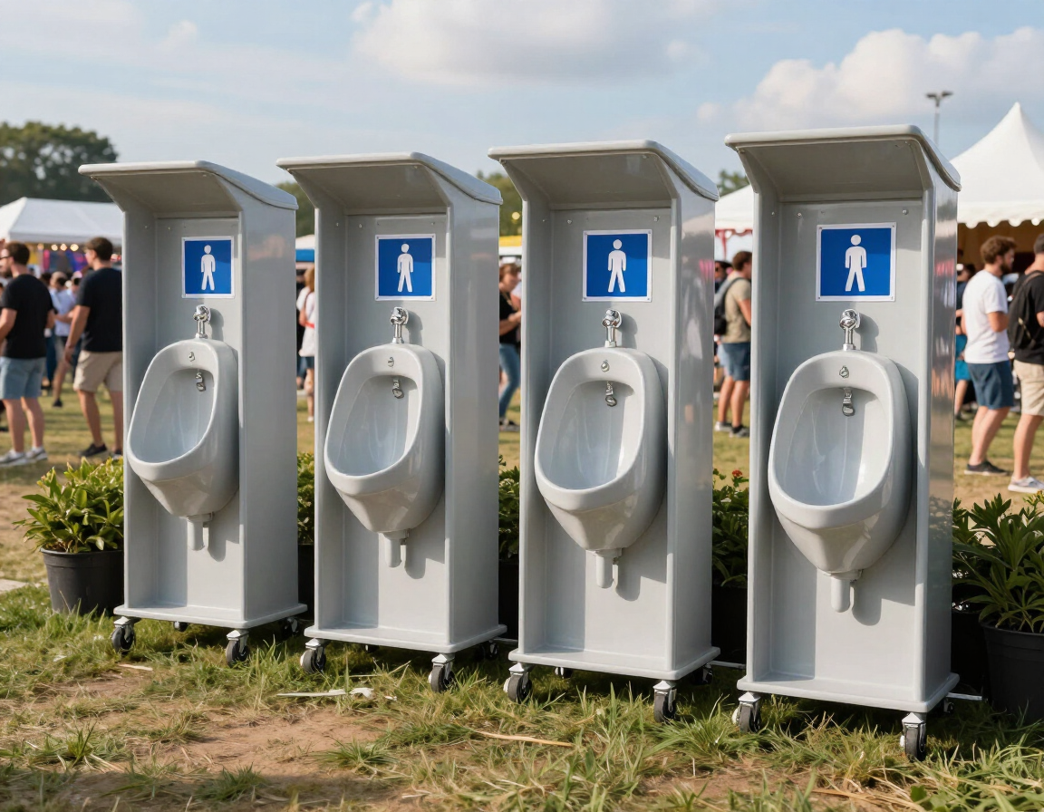 Cuatro urinarios exteriores en cabinas plateadas en un evento público, con letreros azules de 
