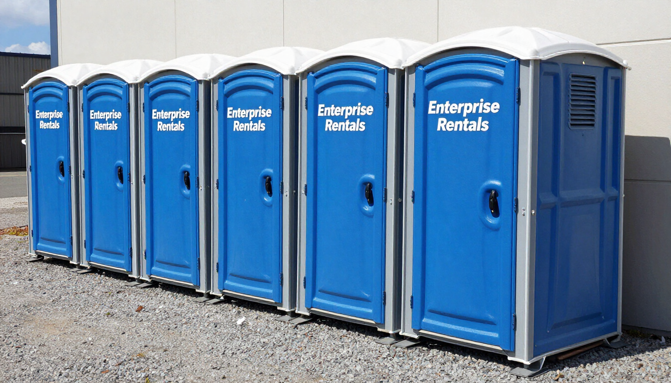 Hilera de baños portátiles azules con techos blancos sobre grava, etiquetados para diferentes propósitos.