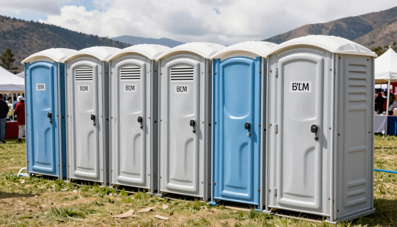 Fila de baños portátiles azules y grises en un evento al aire libre, con montañas al fondo.