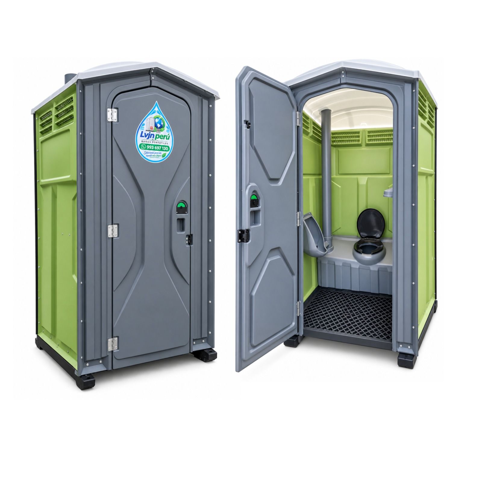 Dos inodoros portátiles verdes, uno cerrado y otro abierto, que muestran el interior del inodoro y el lavabo.