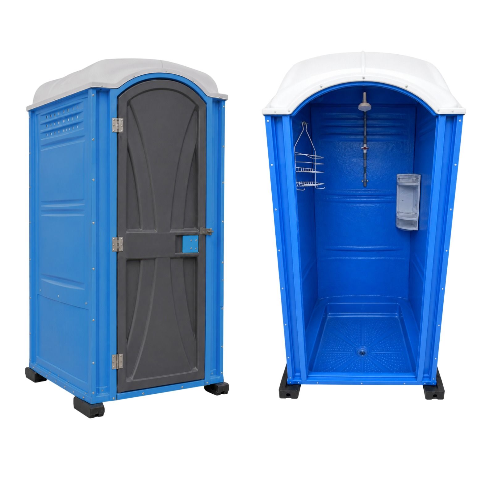 Inodoro portátil azul que se muestra cerrado a la izquierda y abierto a la derecha, con los accesorios interiores visibles.