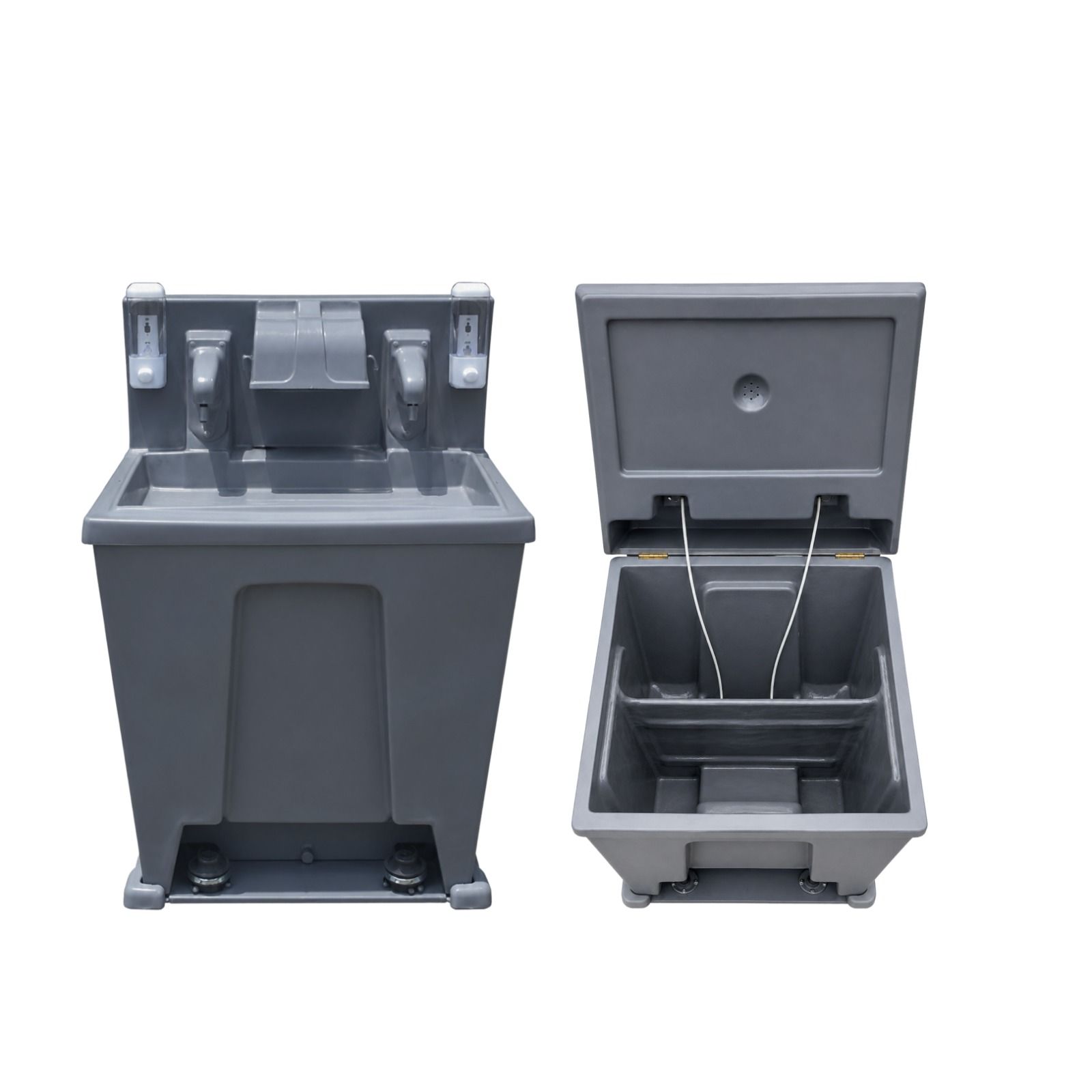 Contenedor plegable de plástico gris, mostrado cerrado a la izquierda y abierto a la derecha, con tapa abatible.