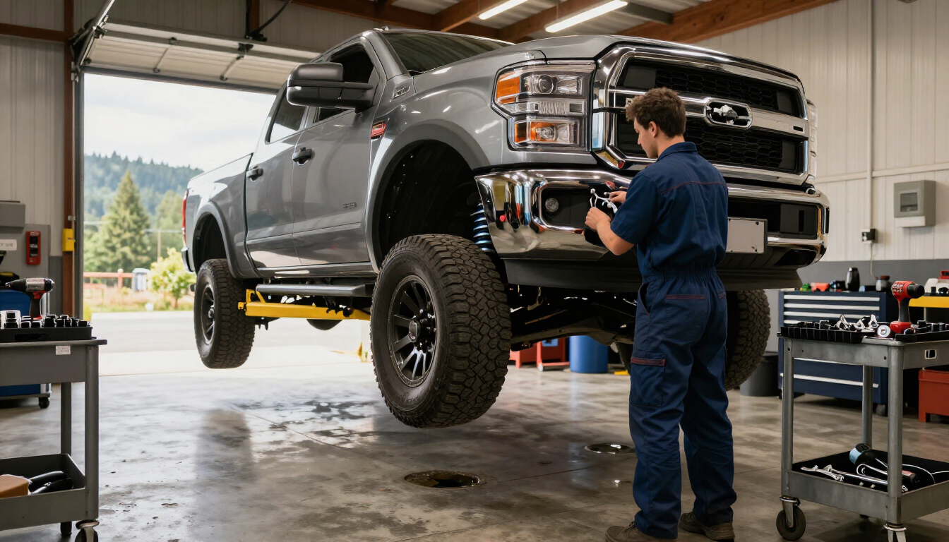 Mechanic inspecting a lifted gray pickup truck in a garage workshop