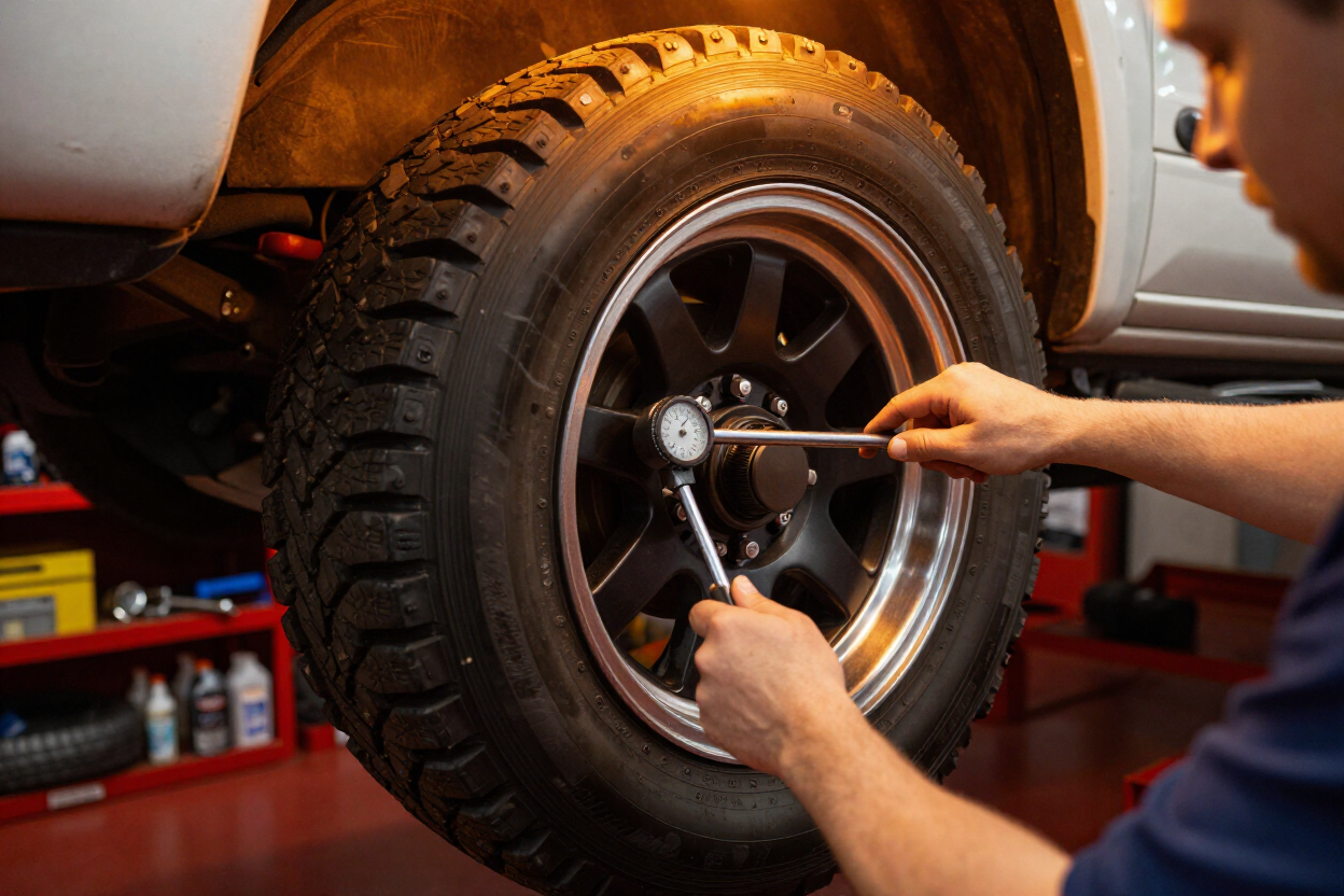 Mechanic tightening a lug nut on a car tire with a wrench in a garage Mechanic tightening a lug nut on a car tire with a wrench in a garage