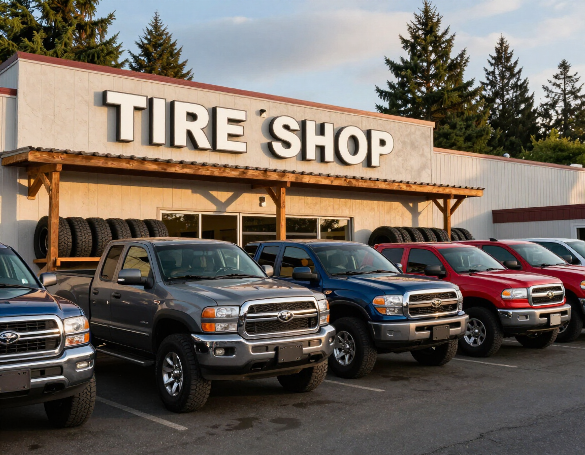 Wall-mounted tire display at Rogue Tire showing multiple tread patterns
