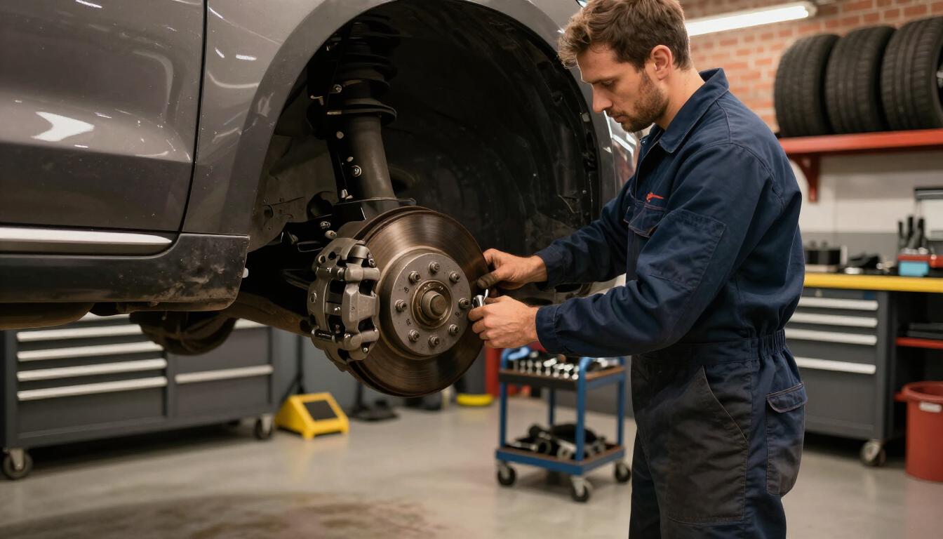 Mechanic inspecting a car’s exposed wheel hub in an auto repair shop