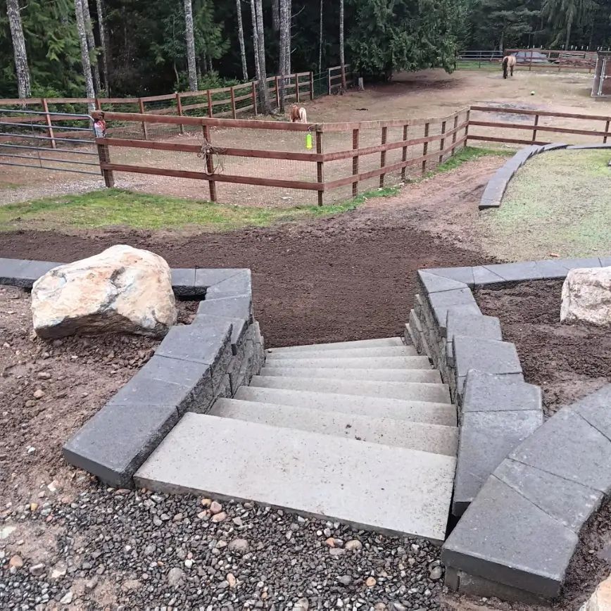 Concrete steps descending to a dirt path in a fenced wooded park area