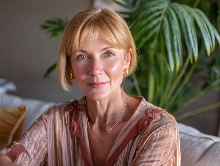 Woman with blonde bob and gold jewelry, smiling, sitting in a light-filled room with a plant in the background.