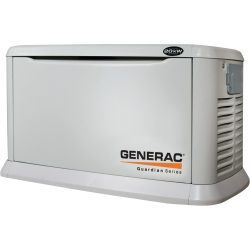 A Generac Guardian Series 20kW standby generator in an off-white enclosure, shown from a front-side angle.