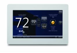 Digital thermostat display set to 72 degrees with current indoor temperature, humidity, and outdoor weather information.