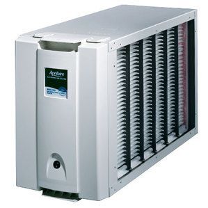 An Aprilaire whole-home air cleaner unit with white housing and a visible pleated filter element.