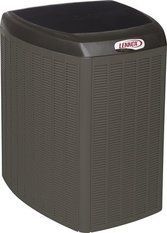 A dark gray Lennox air conditioner unit viewed from a three-quarter angle.