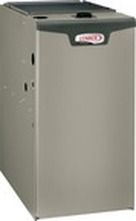 A tall, grey Lennox HVAC gas furnace standing upright.