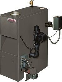 A gray residential Lennox oil-fired water boiler with a circulator pump, pressure relief valve, and control box attached.