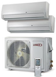 A Lennox ductless mini-split air conditioning system featuring two white indoor wall units, an outdoor unit, and a remote.