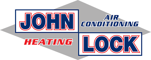 Logo for John Lock Heating and Air Conditioning featuring red and blue text on a grey diamond background.