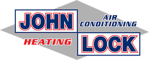 Logo for John Lock Heating and Air Conditioning featuring red and blue text on a grey diamond background.