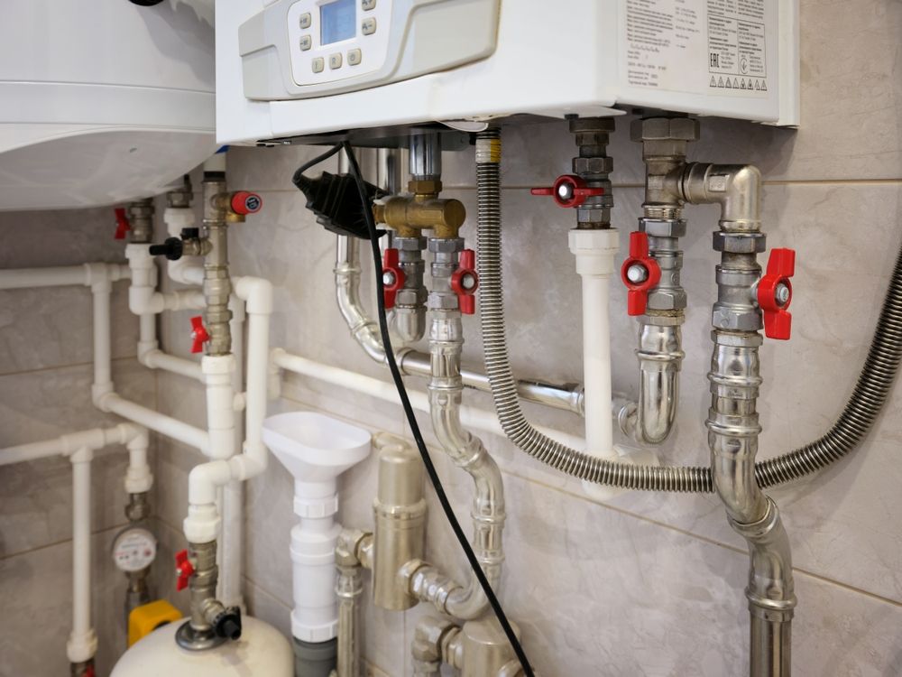 Wall-mounted gas boiler with multiple metal pipes, red shut-off valves, and a pressure gauge against a tiled wall.