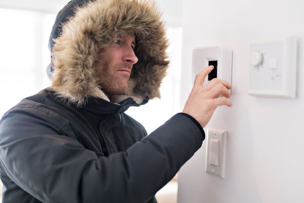 A person wearing a hooded winter parka adjusts a thermostat on a wall while appearing cold.