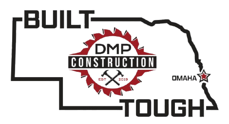 Logo for DMP Construction, featuring a Nebraska outline, text "BUILT TOUGH," and a central logo with tools.