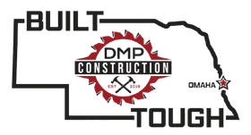 Logo for DMP Construction, featuring a Nebraska outline, text "BUILT TOUGH," and a central logo with tools.