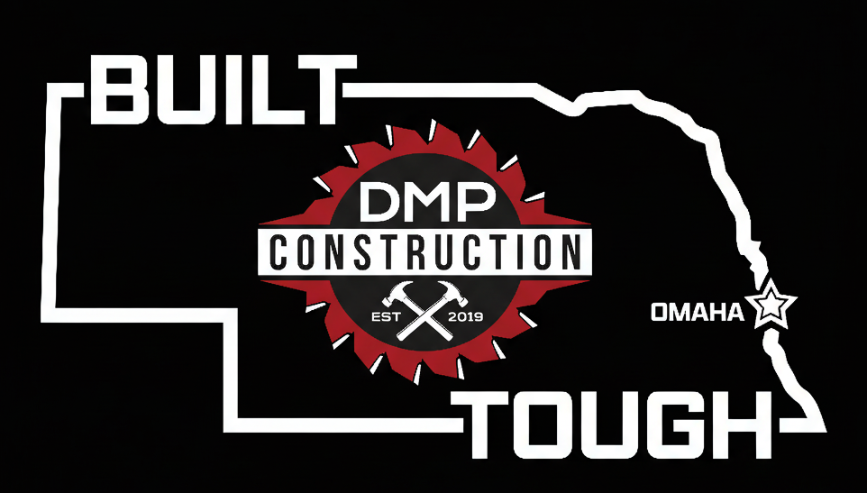 DMP Construction logo on Nebraska outline; red saw blade, hammers, and text