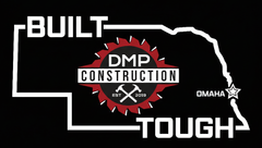 DMP Construction logo on Nebraska outline; red saw blade, hammers, and text 