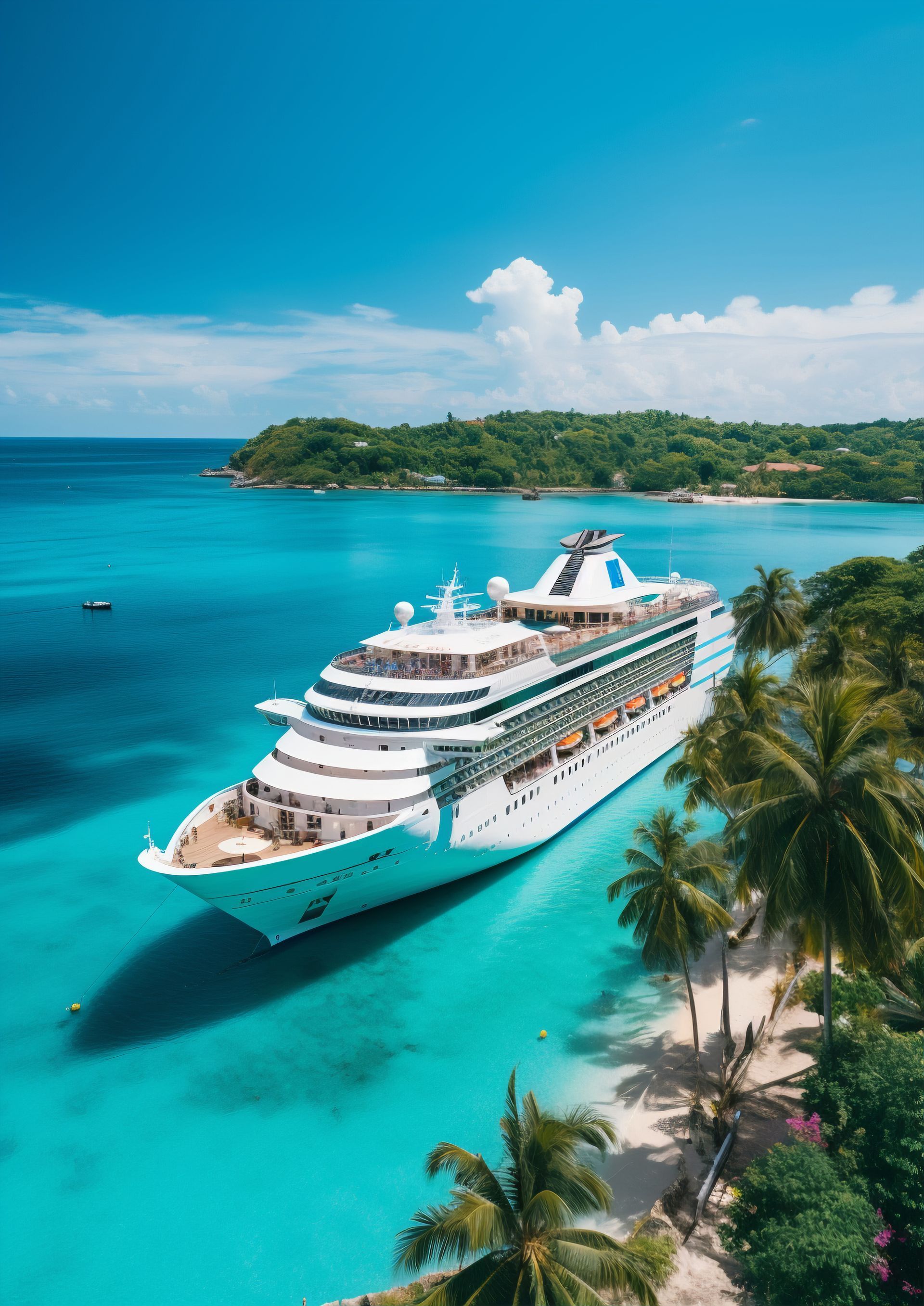 Cruise ship docked at a tropical beach with turquoise water and palm trees.