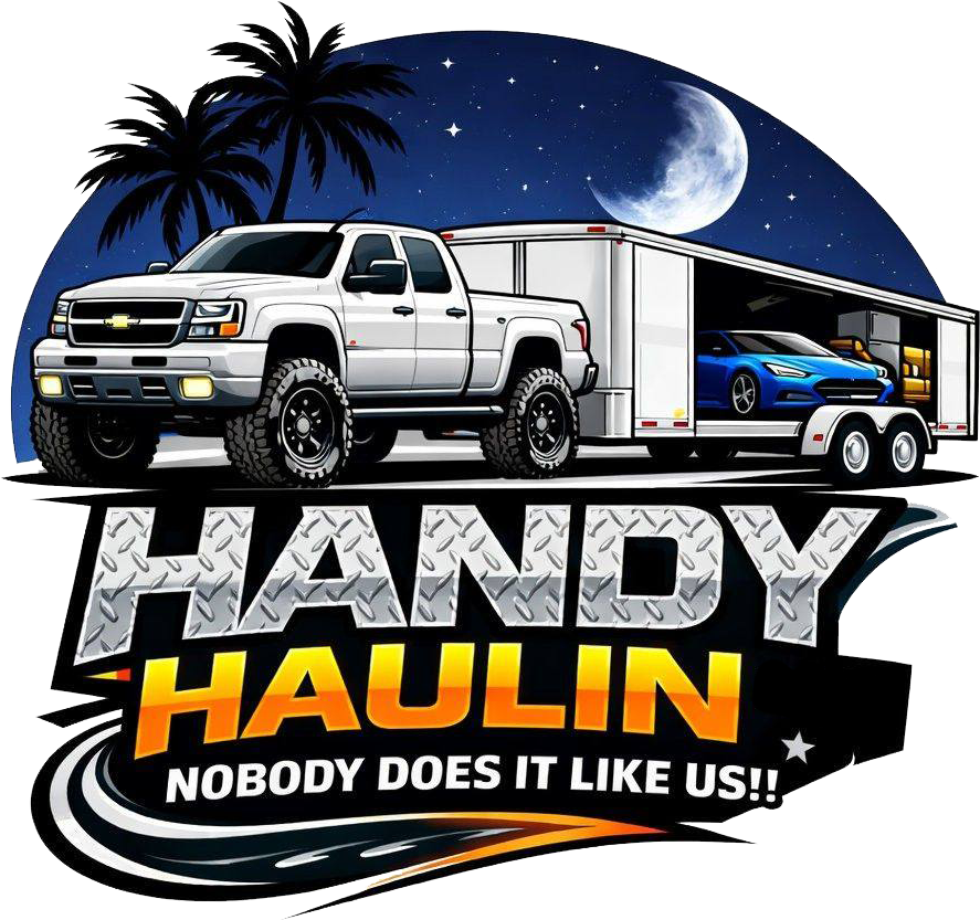 Handy Haulin logo with white pickup truck towing a trailer under a moonlit sky, bold slogan text.