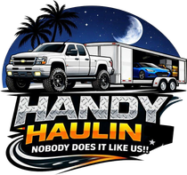 Handy Haulin logo with white pickup truck towing a trailer under a moonlit sky, bold slogan text.